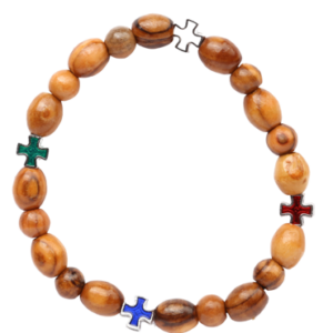 Bracciale in Legno d'Olivo con 4 Croci in Metallo Smaltato Multicolore