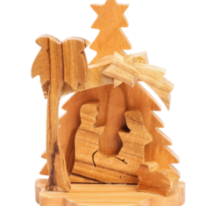 Presepe Artistico piccolo su Base in Legno d’Olivo – Natività con Palma e Stella Cometa