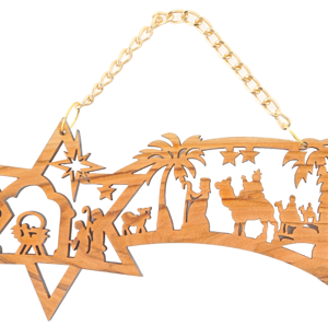 Stella Cometa in Legno d’Olivo con Natività e Re Magi – Decorazione da Appendere